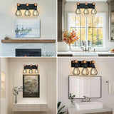 IZORRO Farmhouse Bathroom Vanity Light Fixtures, 3-Light Wood Bathroom Lighting Fixtures Over Mirror, Black Rustic Industrial Sconces Wall Lights with Metal Lampshade for Living Room, Bedroom IZORRO