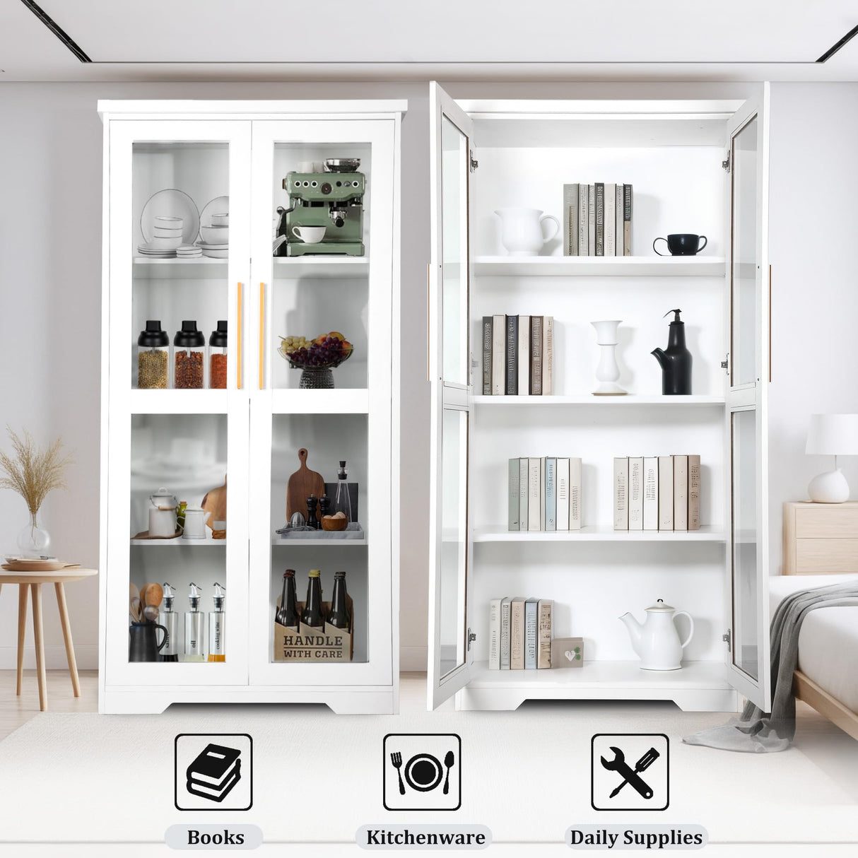 jamege 67” Tall China Storage Cabinet with Tempered Glass Doors, Curio Display Cabinet, Bookshelves, Bookcase with Adjustable Shelves, for Living Room, Kitchen, Dining Room, Pantry, Home, Office jamege