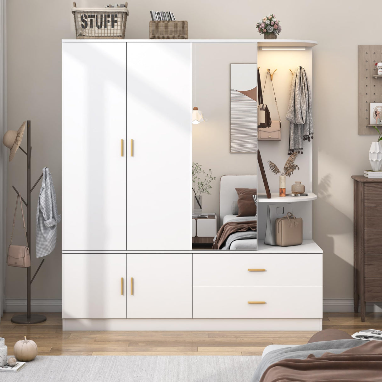 XVD Armoire Wardrobe Closet with Mirror & Sensor Light, Bedroom Armoire with 5 Doors & 2 Drawers, Modern Wooden Large Wardrobe Closet with Shelves, 4 Hooks, 2 Hanging Roods, Open Space, White XVD