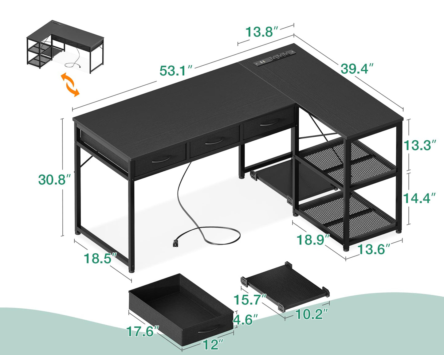 AODK 53 Inch L Shaped Computer Desk with Drawers, Corner Desk with Power Outlets & Reversible Storage Shelves, Movable CPU Stand for Home Office Gaming, Black