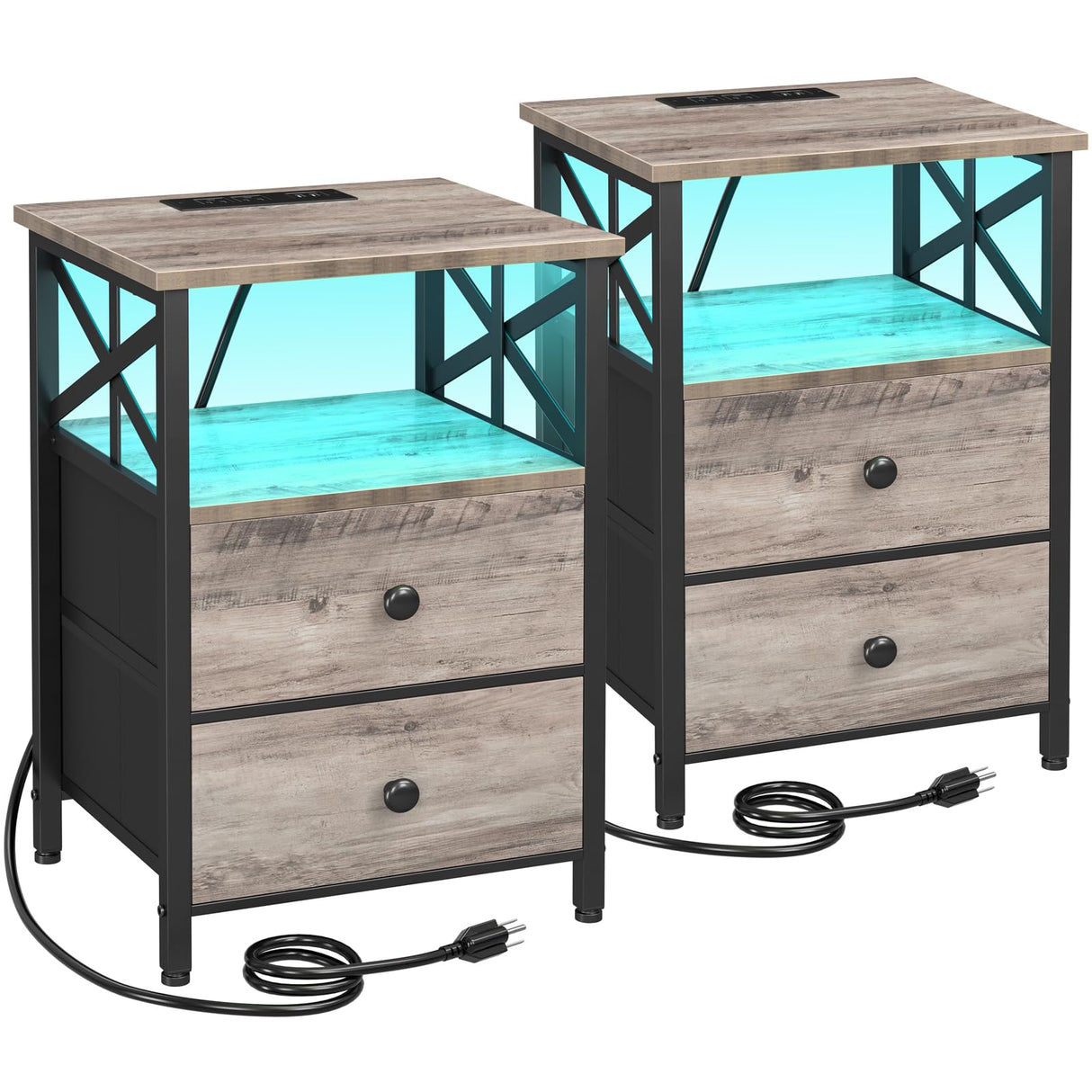 AMHANCIBLE Night Stand Set 2, LED Nightstands for Bedroom Set of 2 with Charging Station, End Table with USB Port and Outlet, Side Table with 2 Storage Drawers for Living Room, Greige, HET052LGY AMHANCIBLE