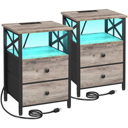 AMHANCIBLE Night Stand Set 2, LED Nightstands for Bedroom Set of 2 with Charging Station, End Table with USB Port and Outlet, Side Table with 2 Storage Drawers for Living Room, Greige, HET052 - WoodArtSupply