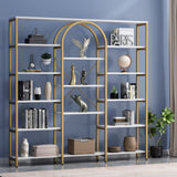 Gyfimoie Triple Wide Gold Bookshelf, 70.87" W x 71.34" H Large Modern Etagere Bookcase, Tall Display Shelf with 13-Tier Open Shelves, Freestanding Staggered Storage Shelf for Home Office (White/Gold) Gyfimoie