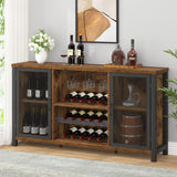 IBF Rustic Wine Bar Cabinet, Coffee Bar Cabinet for Liquor and Glasses, Farmhouse Wood Buffet Sideboard with Storage Rack, Wine Liquor Cabinet for Home Kitchen Dining Room, Rustic Brown, 55 Inch IBF