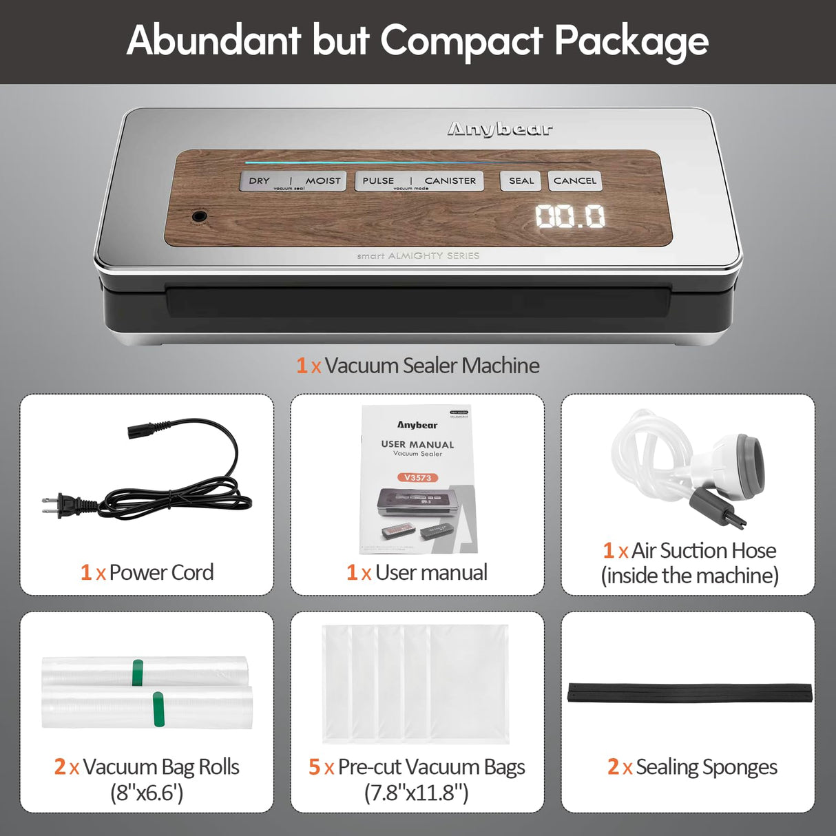 Anybear Vacuum Sealer Machine, 90kPa 120W Wide Seal All-IN-1 Powerful Food Storage, Build-in Cutter | Bags Storage | Digital Countdown Display | 2 Bag Rolls and 5pcs Pre-cut Bags (Silver Wood Grain) anybear