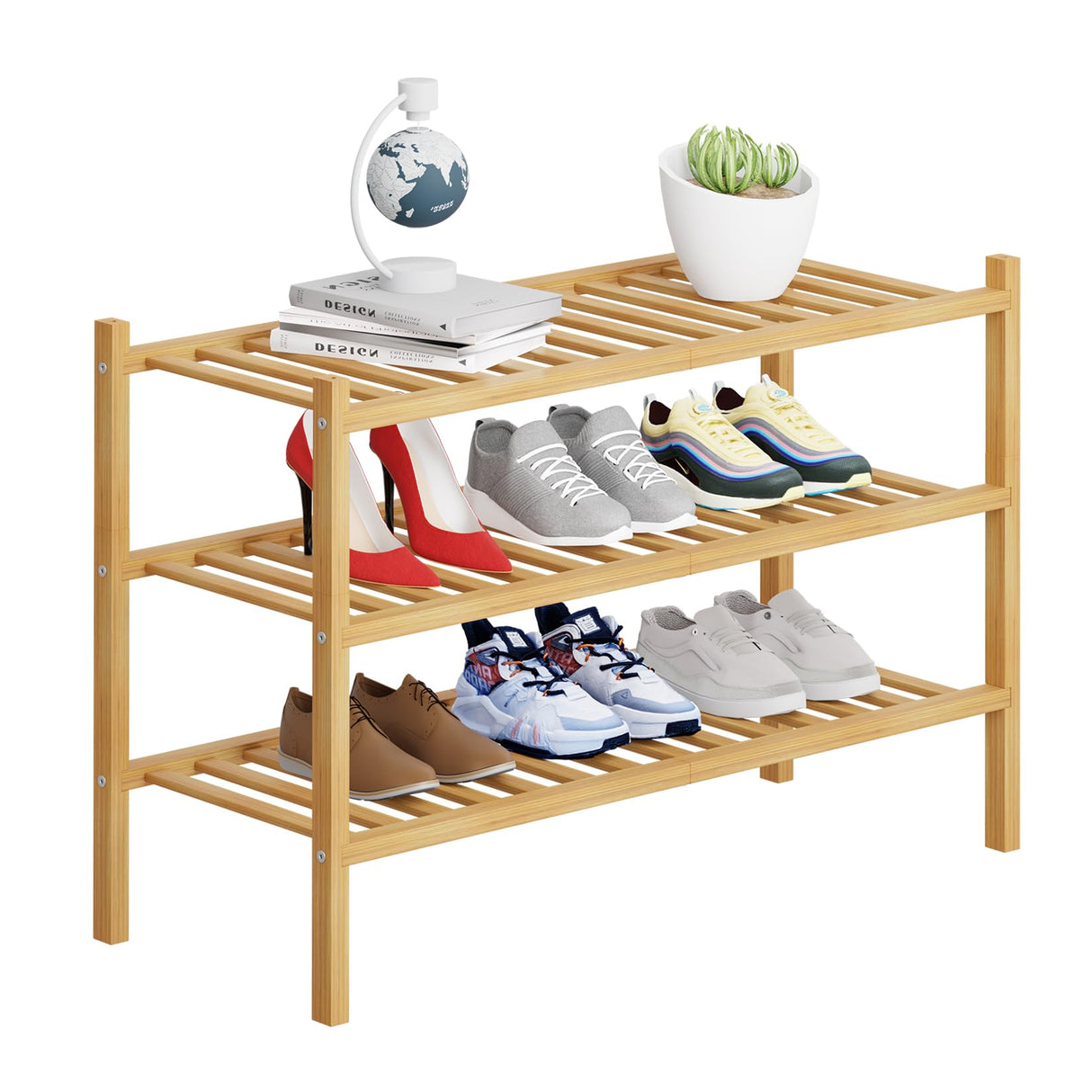 Buymoth 3 Tier Bamboo Shoe Rack Storage Organizer for Closet, Multifunctional Stackable Free Standing Shoe Shelf Organizer for Small Space,Entryway, Hallway, Bathroom 27"x11"x19" (Natural, 3 Tier) Buymoth
