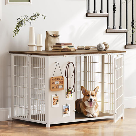 YATINEY Foldable Dog Crate Furniture, Dog Crate with DIY Frame, Heavy Duty Dog Kennel Indoor with Hooks, Wooden Dog Cage End Table, for Small/Medium Dogs, White and Walnut DC95WH YATINEY