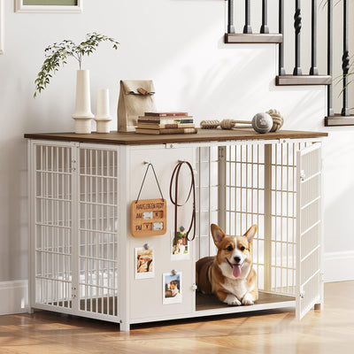 YATINEY Foldable Dog Crate Furniture, Dog Crate with DIY Frame, Heavy Duty Dog Kennel Indoor with Hooks, Wooden Dog Cage End Table, for Small/Medium Dogs, White and Walnut DC95WH