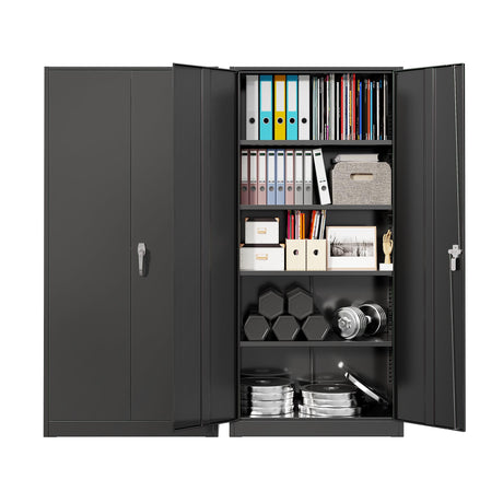 Metal Storage Cabinet with Lock, 71" Tall Black Garage Cabinet with 2 Doors & 4 Adjustable Shelves, Lockable Steel File Cabinet for Home Office, Garage, School, Gym Pataku