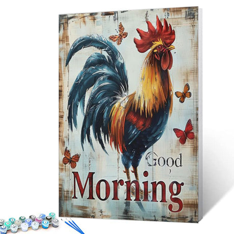 Mroning Sign Paint by Number for Adult, Rooster Funny Decoration Painting by Number Kits On Canvas, DIY Vintage Wood Grain Sign Paint by Numbers for Adults and Kids Beginner 16X20 Inch（without Frame） Tucocoo