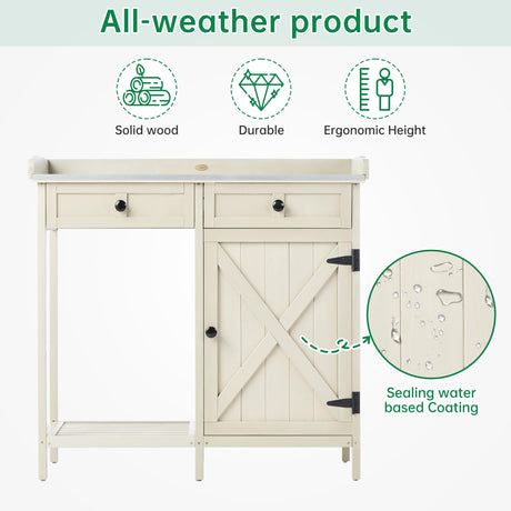 Outdoor Potting Bench with Storage Cabinet & Metal Tabletop, Garden Work Table, Wood Planting Workstation for Patio, w/Drawer HABAU
