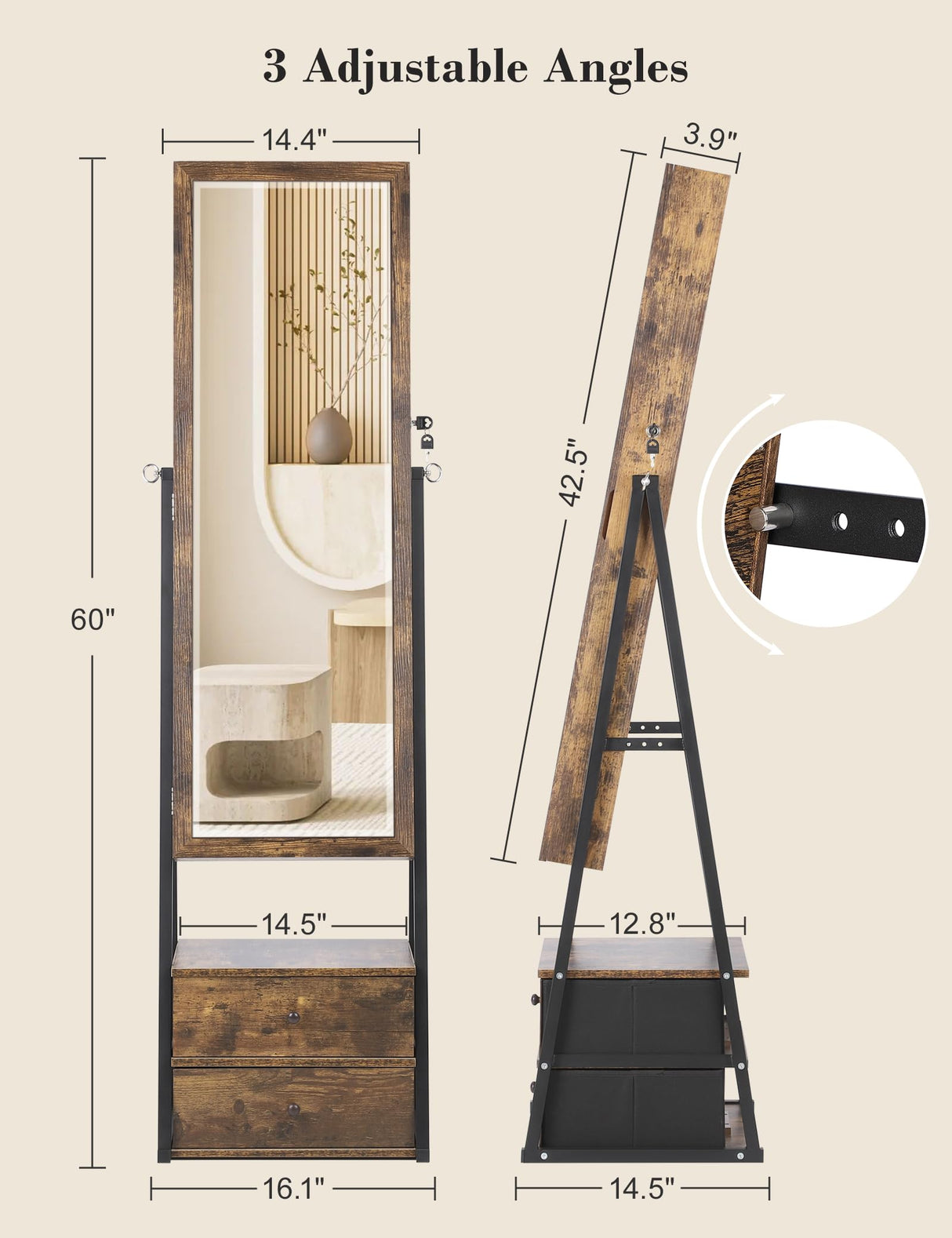 Nicetree Jewelry Cabinet Armoire with 2 Drawers, Lockable Standing Jewelry Mirror Cabinet, Full Length Mirror with Jewelry Storage, Rustic Brown Nicetree