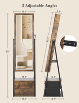 Nicetree Jewelry Cabinet Armoire with 2 Drawers, Lockable Standing Jewelry Mirror Cabinet, Full Length Mirror with Jewelry Storage, Rustic Brown Nicetree