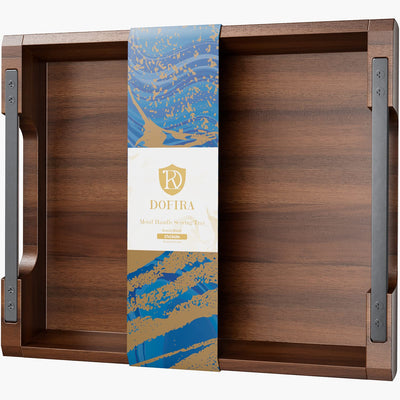 Dofira Acacia Wood Serving Tray with Metal Handles, 17x13in Food Drinks Tray for Coffee Table, Breakfast, Dinner & Bar, Rustic Decorative Storage Tray for Ottoman, Kitchen, Bedroom (Gift Packaging)