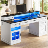 HAUOMS Executive Desk Farmhouse Computer Desk with Drawers and Storage Cabinet, Executive Office Desk with File Drawer,Charging Station and Led Lights,Wood Home Office Desk with Monitor Shelf,White HAUOMS