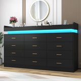 12 Drawer Dresser with LED Light and Charging Station, 70" Modern Chest of Drawers for Closet, Wide Drawer Organizer Cabinet for Bedroom, Living Room, Entryway, Hallway, Black Hlivelood