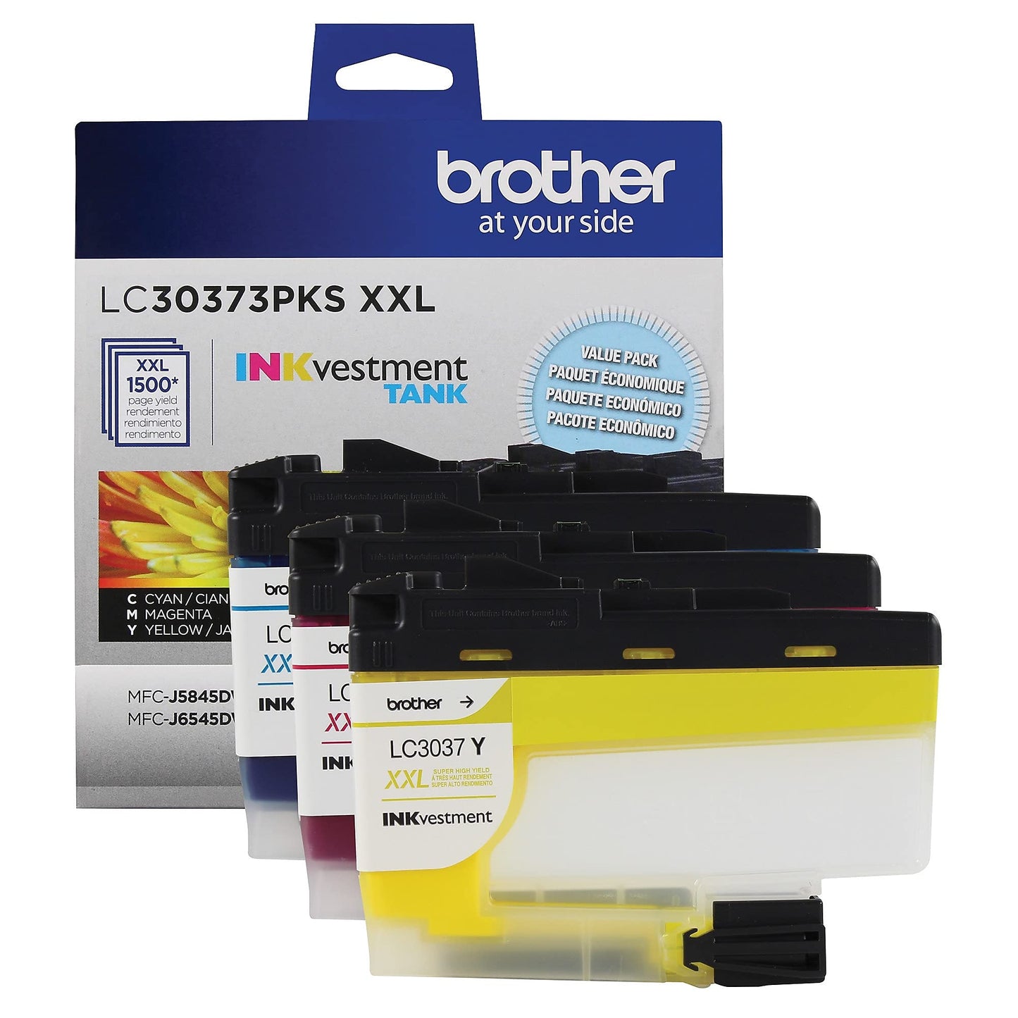 Brother Genuine LC30373PKS, 3-Pack Super High-Yield Color INKvestment Tank Ink Cartridges, Includes 1 Cartridge Each of Cyan, Magenta and Yellow Ink, Page Yield Up to 1,500 Pages/Cartridge, LC3037