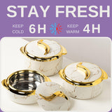 Hywisnok Luxury 3-Piece 2.6/2.1/1.6qt Thermal Casserole Dish Set with Lids, Insulated Stainless Steel Container for Hot & Cold Food, Serving Bowl for Buffets/Parties-Marble White Hywisnok