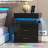 ChooChoo LED Nightstand with Charging Station,Smart Night Stand with Sliding Top Storage, 2-Drawers High Gloss Bedside Table, Modern End Table for Bedroom,Black ChooChoo