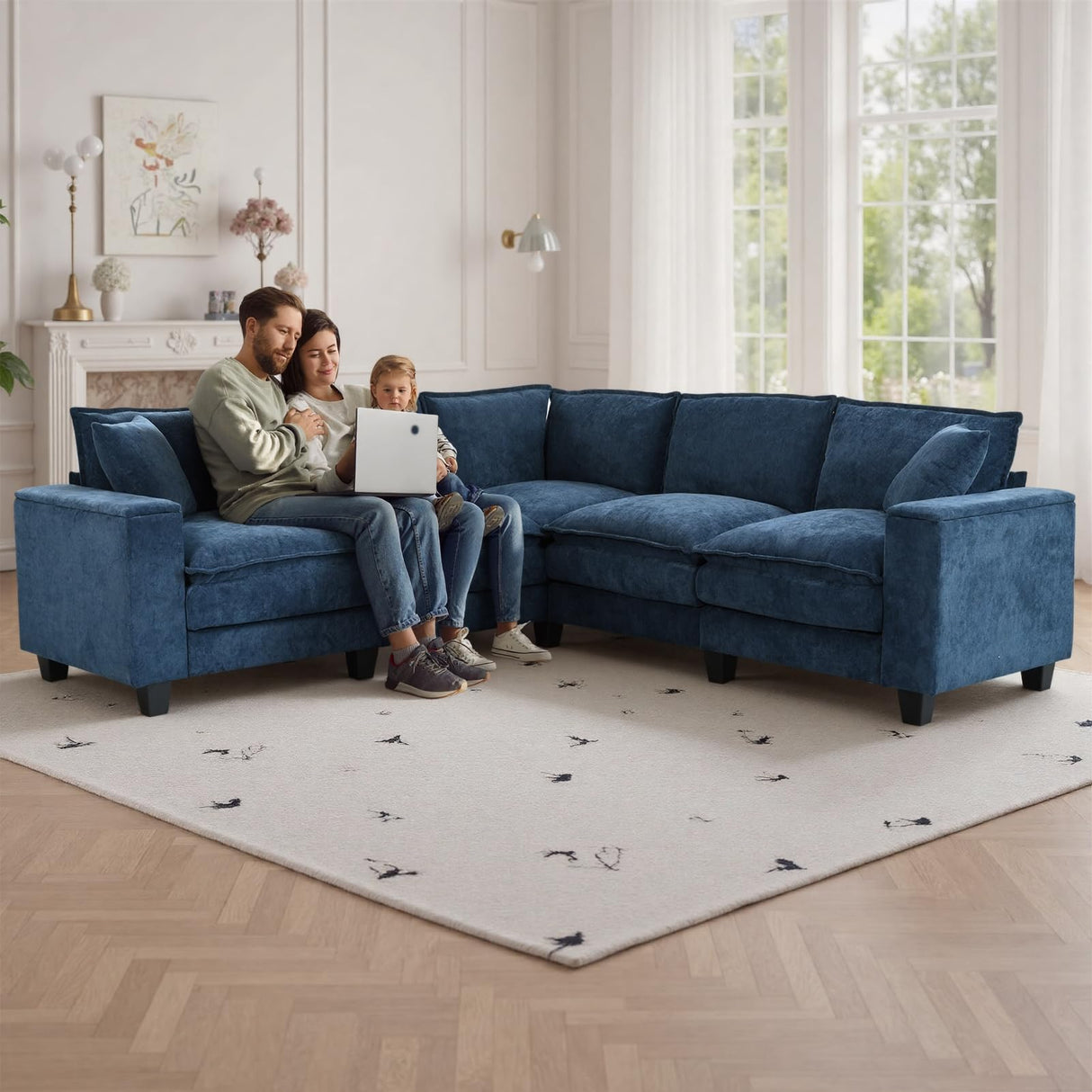 Kvutx 97" 5 Seater L Shaped Couch Corner Sofa, Oversized Cloud Couch with 2 Pillows Chenille Modular Sectional Sofa Armrests with Two Hidden Storage Space Sectional Couches for Living Room Dark Blue Kvutx