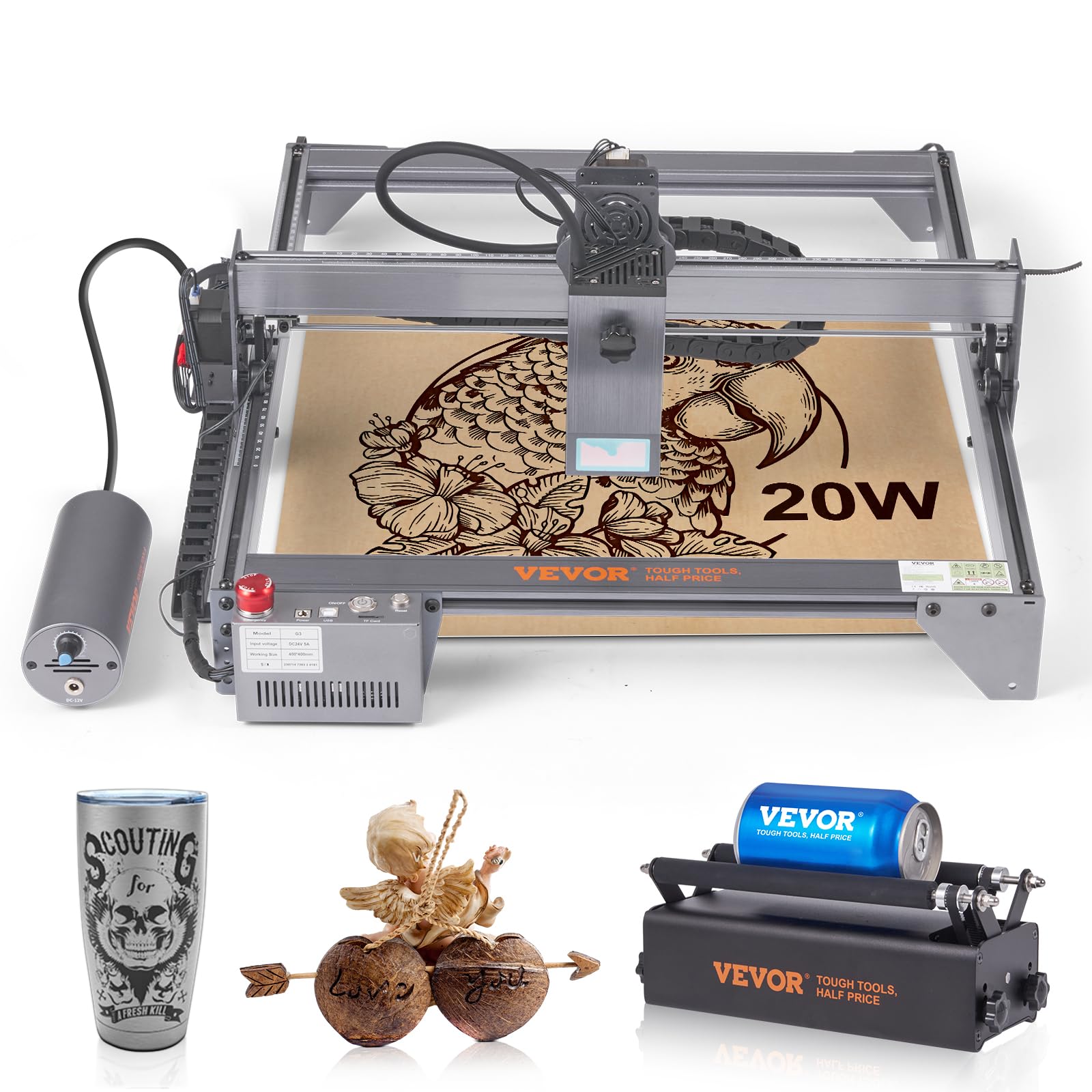 VEVOR, 20W Output Engraving Machine, 15.7" x 15.7" Large Working Area 10000mm/min Movement Speed, Compressed Spot with Rotary Roller, Laser Cutter for Wood, Metal, Acrylic, Gray - WoodArtSupply