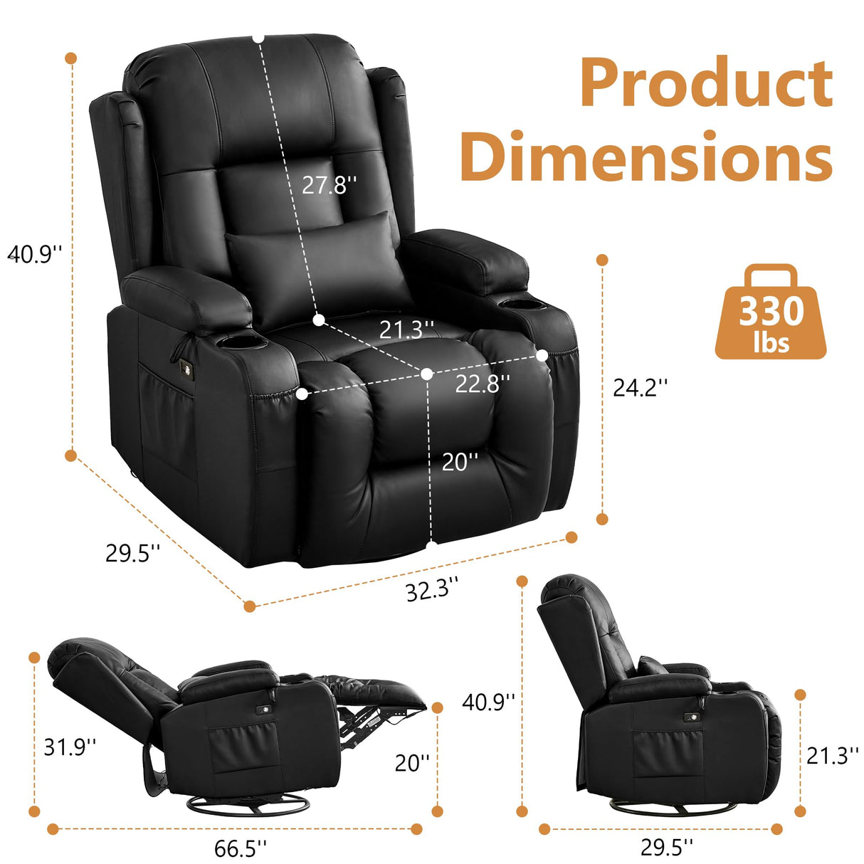 URRED Rocker Recliner Chair for Adults, 360° Swivel Glider Reclining Single Sofa with LED Ambient Light, Cup Holders and Side Pockets, Faux Leather Recliner for Living Room or Home Theater, Black URRED
