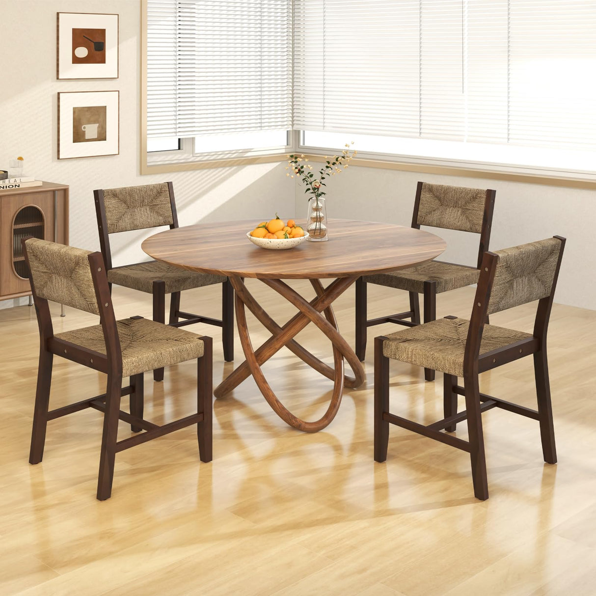 GOFLAME Wooden Dining Chairs Set of 2, Boho Farmhouse Cane Chairs with Natural Weave Seagrass Rattan Backrest & Seat, Armless Rattan Accent Chairs with Solid Wood Frame for Kitchen Dining Room GOFLAME