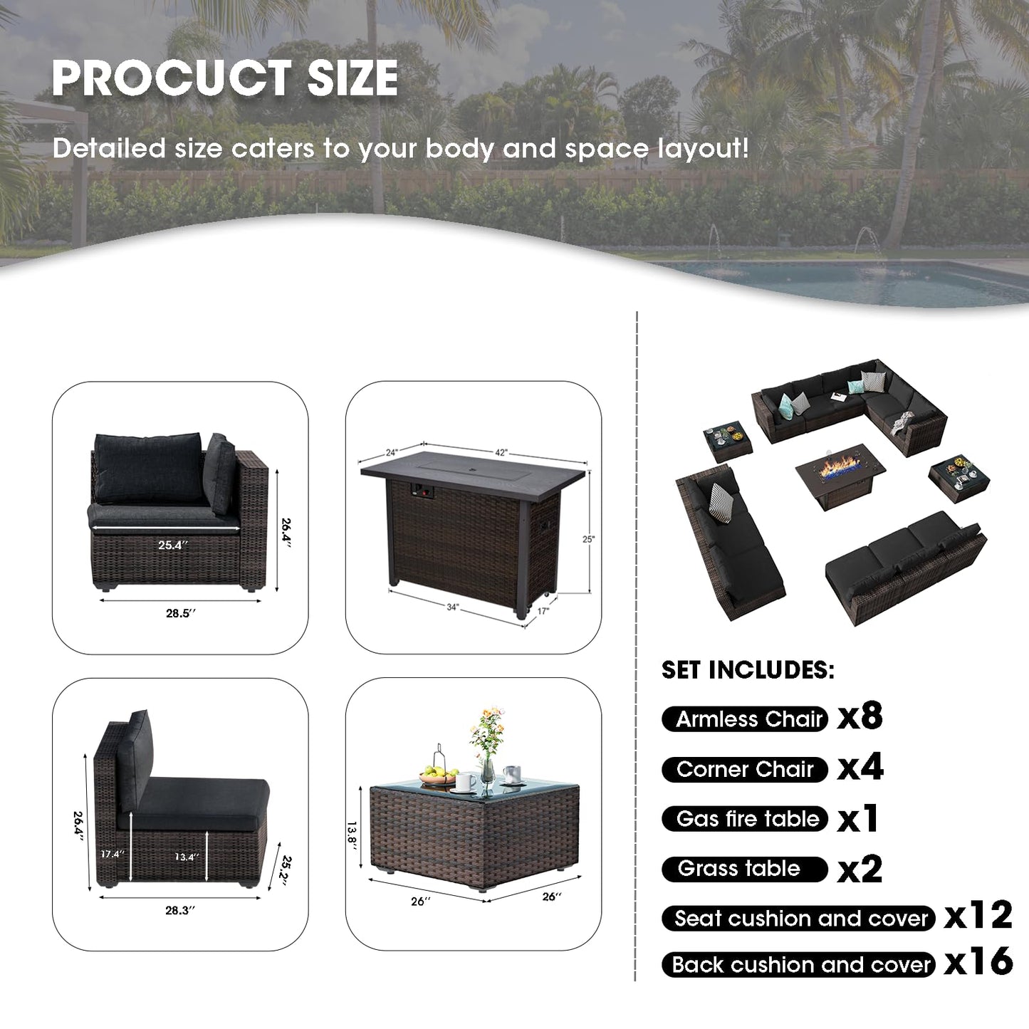 15 Pieces Patio Furniture Set with Fire Pit Table Wicker Outdoor Furniture Set PE Rattan Outdoor Conversation Sofa Set, Sectional Couch with All-Weather No-Slip Cushions and Waterproof Covers Black