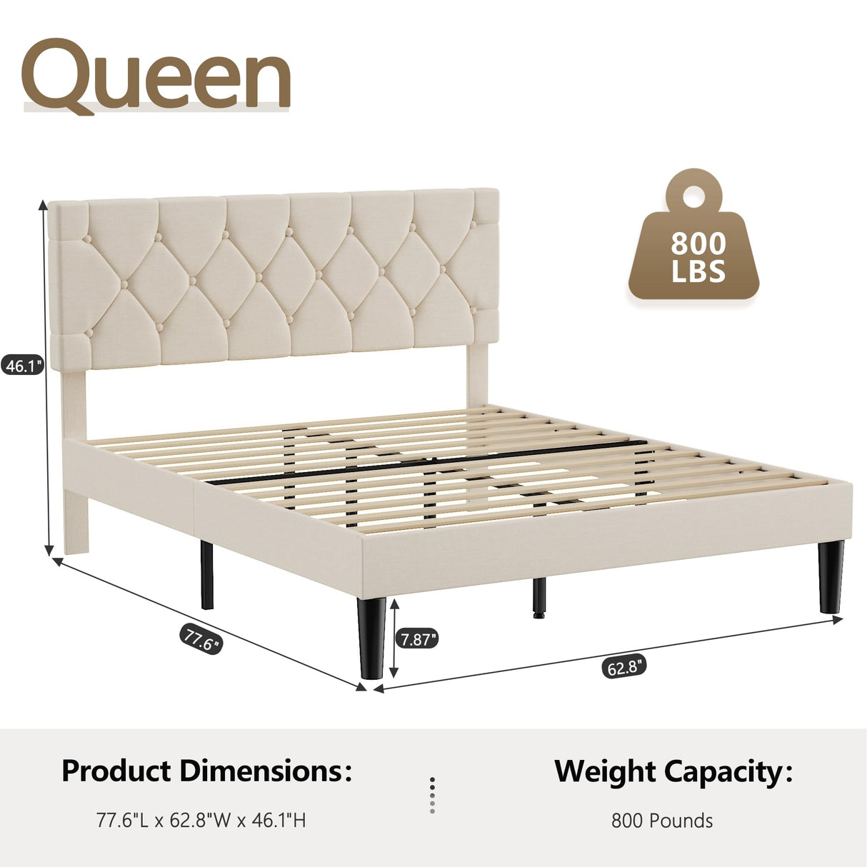VECELO Queen Bed Frame with Button Tufted Headboard, Upholstered Platform with Wooden Slat Support, No Box Spring Needed, Cream Beige VECELO