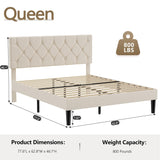 VECELO Queen Bed Frame with Button Tufted Headboard, Upholstered Platform with Wooden Slat Support, No Box Spring Needed, Cream Beige VECELO