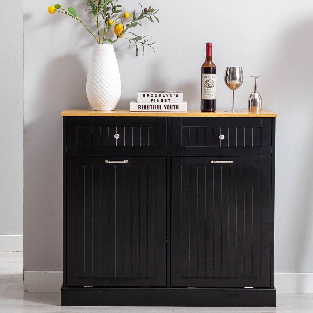 Double Tilt Out Trash Cabinet 20 Gallon, Freestanding Wooden Kitchen Trash Recycling Cabinet with Drawer & Removable Cutting Board, Dog Proof Trash Can Cabinet, Black Gitua