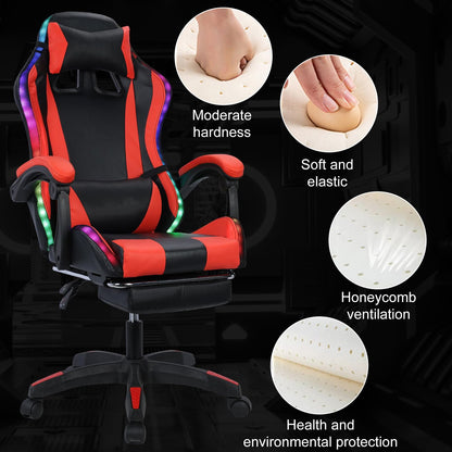 Gaming Chair and RGB LED Lights,Ergonomic Computer Chair with Bluetooth-Compatible Speakers,Height Adjustable Massage Computer Chair,Video Game Chair High Back with Lumbar Support (Red)