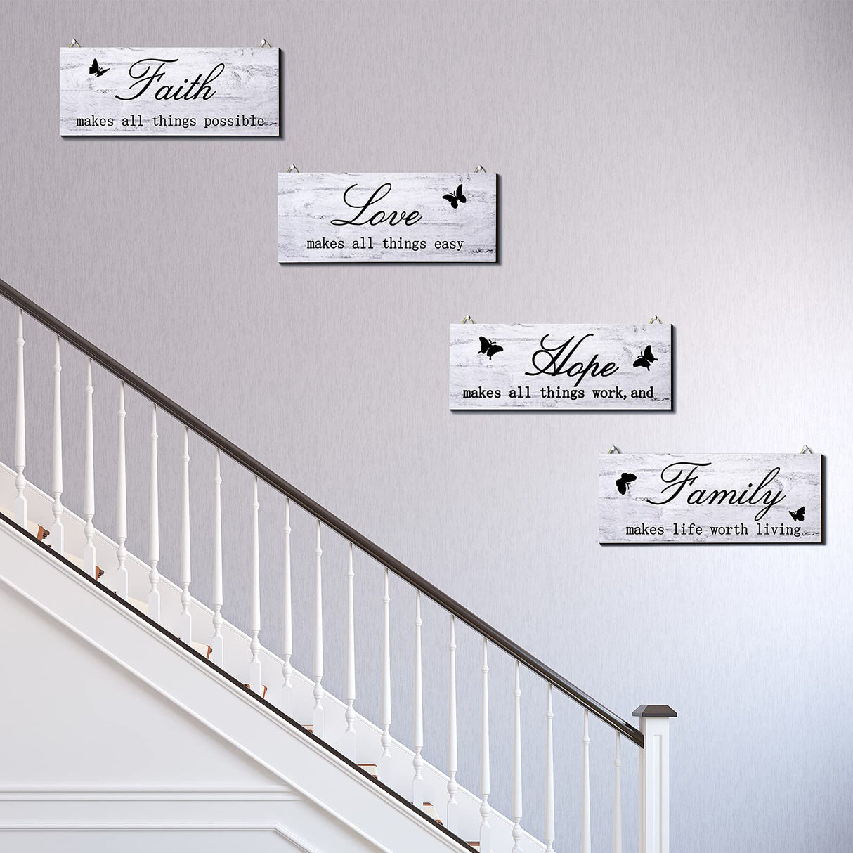 4 Pieces Faith Love Hope Family Wood Sign Farmhouse Wooden Family Sign with Quotes Faith Love Hope Family Home Sign Plaque Rustic Wooden Home Wall Sign for Front Porch Door Wall, 10 x 4 Inch (White) Jetec