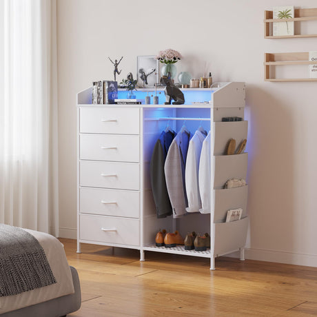 LUMTOK Modern 5 Dresser with LED Hanging Rack, Dresser with Clothes Rack, Hanger Rack, and Storage Drawers, Drawer Dressers with Coat Racks for Bedroom Living Room, Entryway, Closets (White) LUMTOK