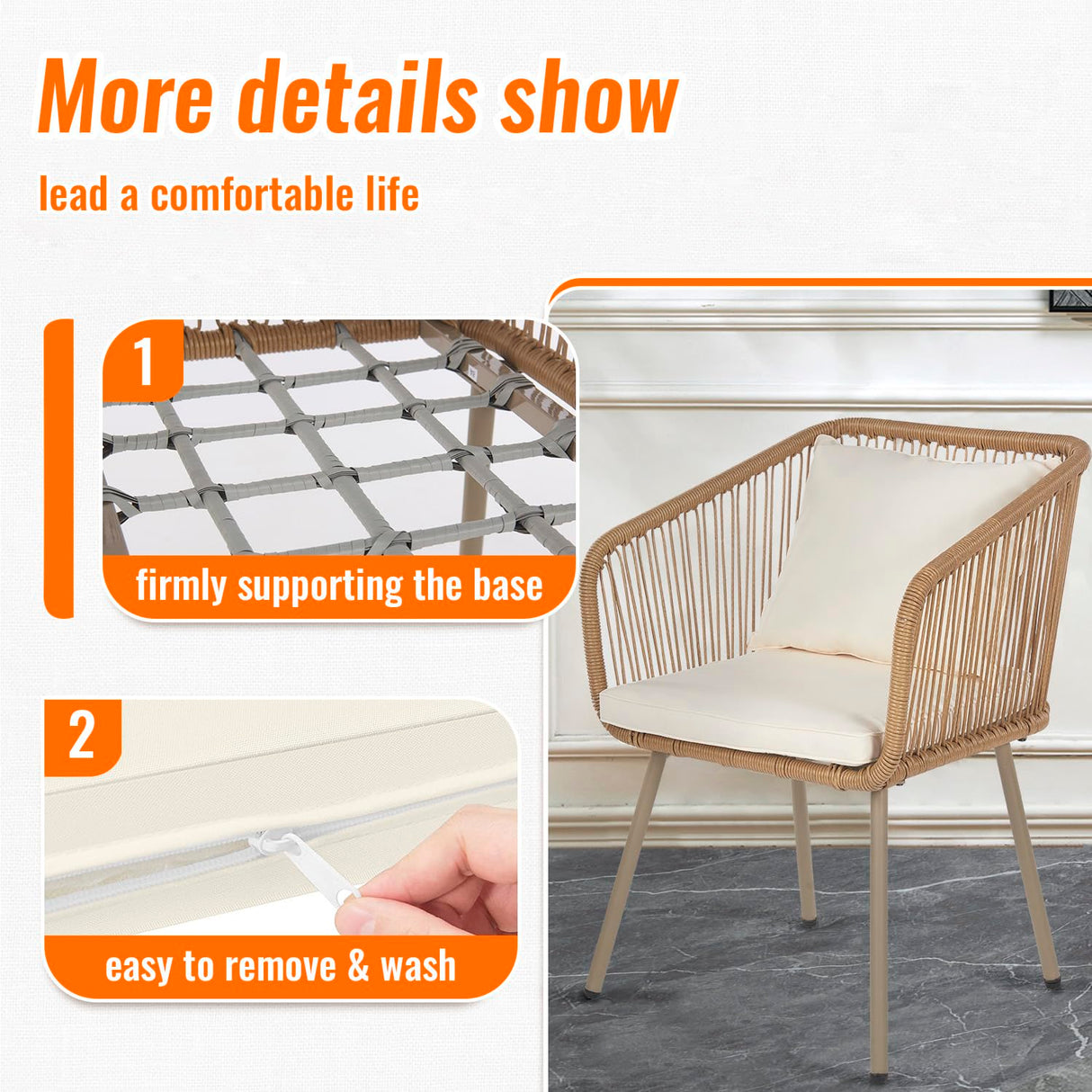 3-Piece Outdoor PE Rattan Bistro Furniture Set Patio Rattan Conversation Set Patio Furniture Set Glass Coffee Table Top and 2 Chairs with Cushions Lumbar Pillows for Yard Garden Porch Bistro, White PayLessHere