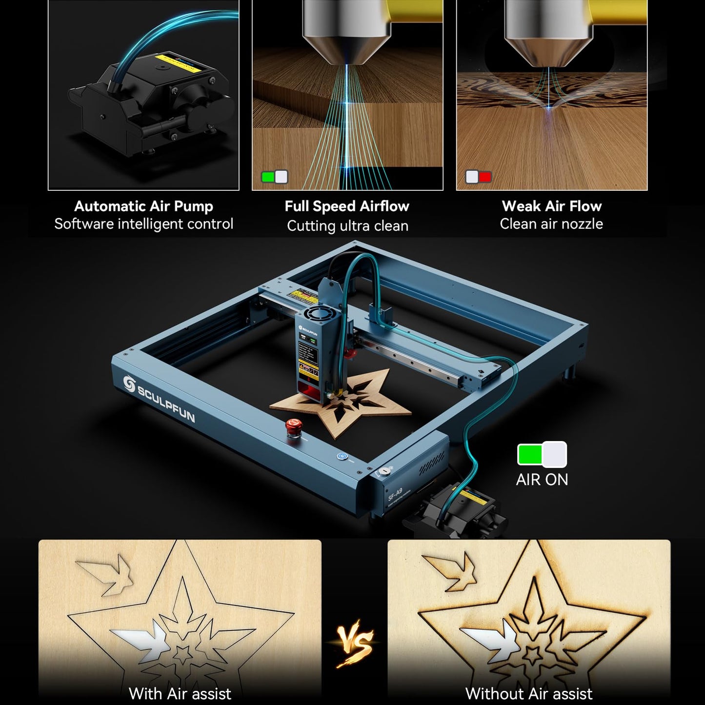 SCULPFUN SF-A9 40000mW Engraving Machine with Air Assist Higher Accuracy Engraving Machine for Wood and Metal - WoodArtSupply