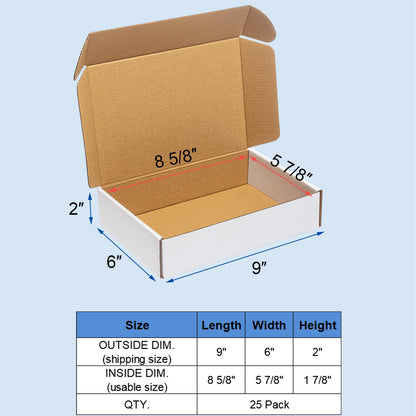 Wowxyz Shipping Boxes 9x6x2" 25 Pack - White Corrugated Cardboard Box Mailers for Small Business, Literature Mailer Box Packaging Supplies