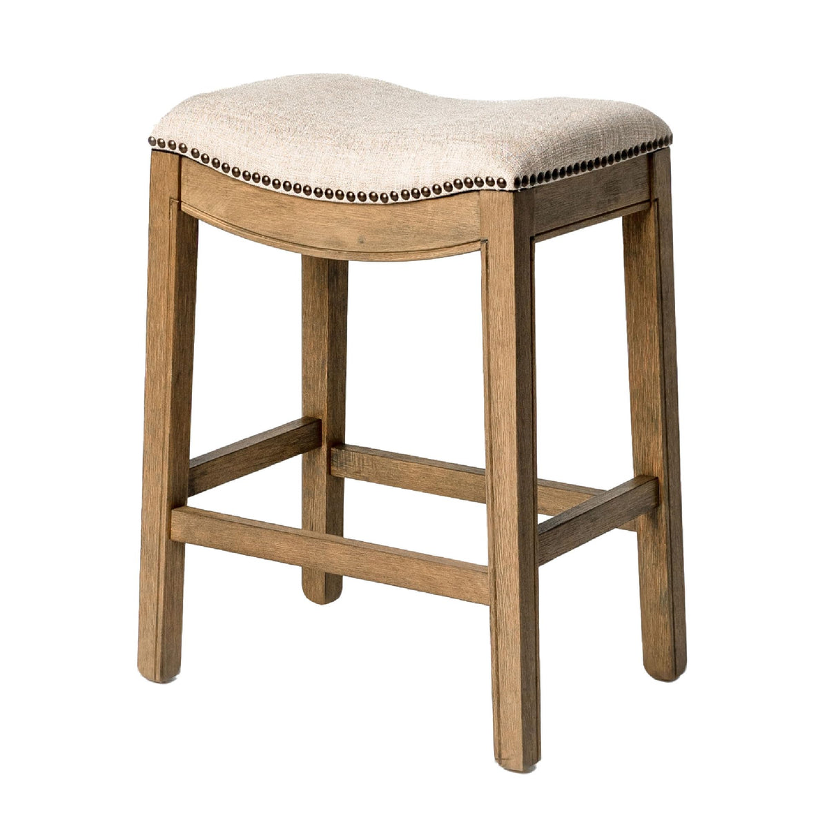 Maven Lane Adrien 26" Wood Counter Height Stool - Handcrafted Natural Wood Finish with Wheat Fabric Upholstered Saddle Seat for Comfort - Durable Barstool for Kitchen Islands, Dining Rooms Maven Lane