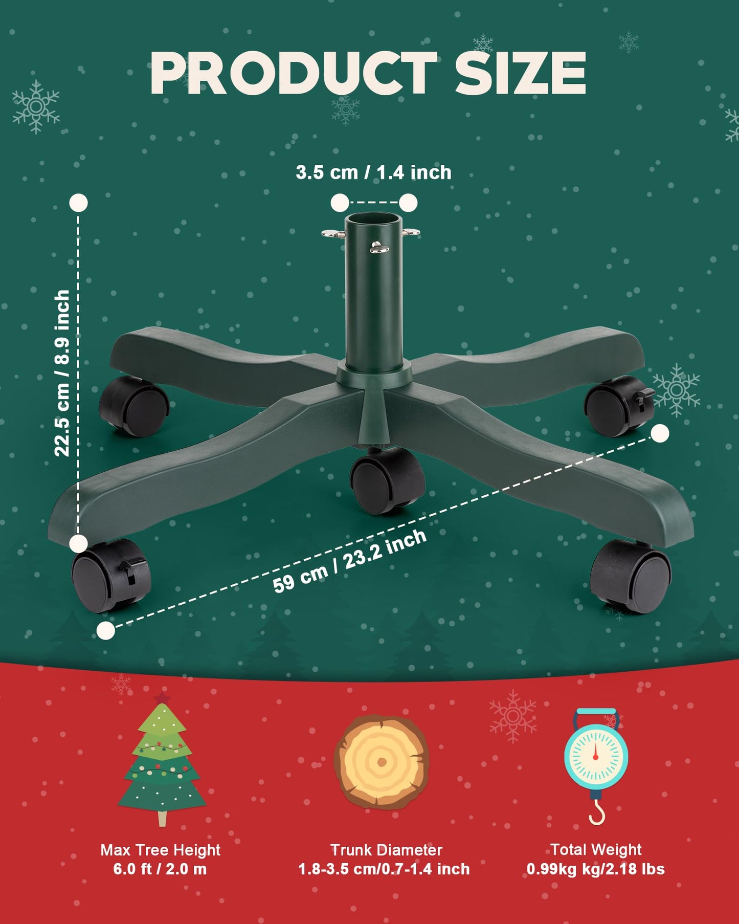 GuuG Christmas Tree Stand Base: Rolling Christmas Tree Stand for Artificial Fake Tree Xmas Tree Stand with Wheels Holder Replacement up to 6ft (Green)