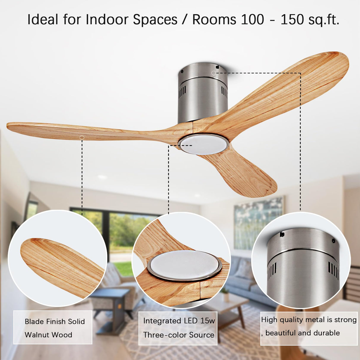 52” Ceiling Fan with Light with 6 Speed Remote/APP Control, Solid Wood Fan Blade, 3CCT Dimmable LED, Noiseless, Bedroom, Hallway Recessed Ceiling Fan dearnow