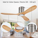 52” Ceiling Fan with Light with 6 Speed Remote/APP Control, Solid Wood Fan Blade, 3CCT Dimmable LED, Noiseless, Bedroom, Hallway Recessed Ceiling Fan dearnow