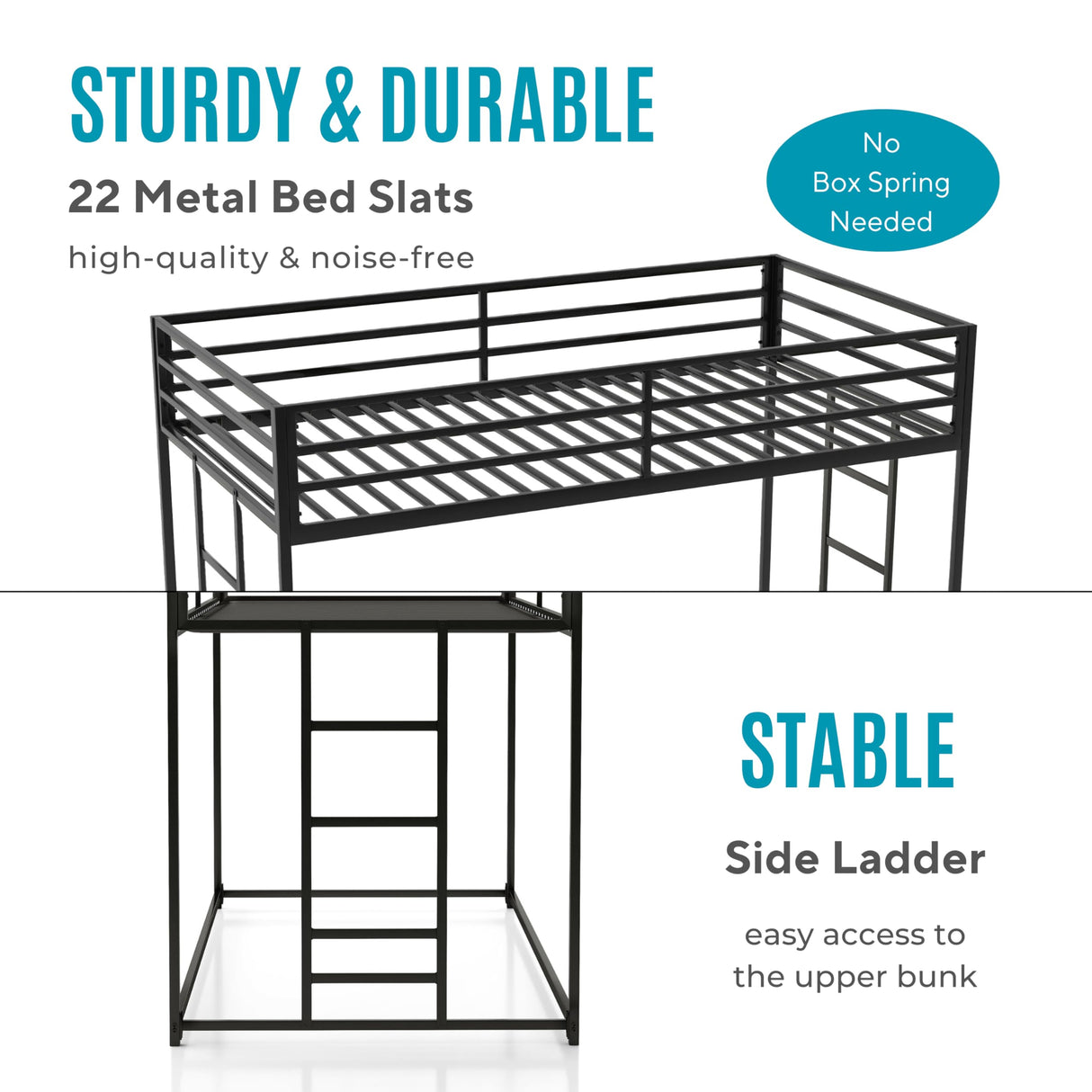 Furniture of America Dravenor Modern Metal Twin Over Twin Low Profile Bunk Bed with Reversible Ladder and Twnty-Two Slats, No Box Spring Required, for Kids, Bedroom, Dorm, Black Furniture of America