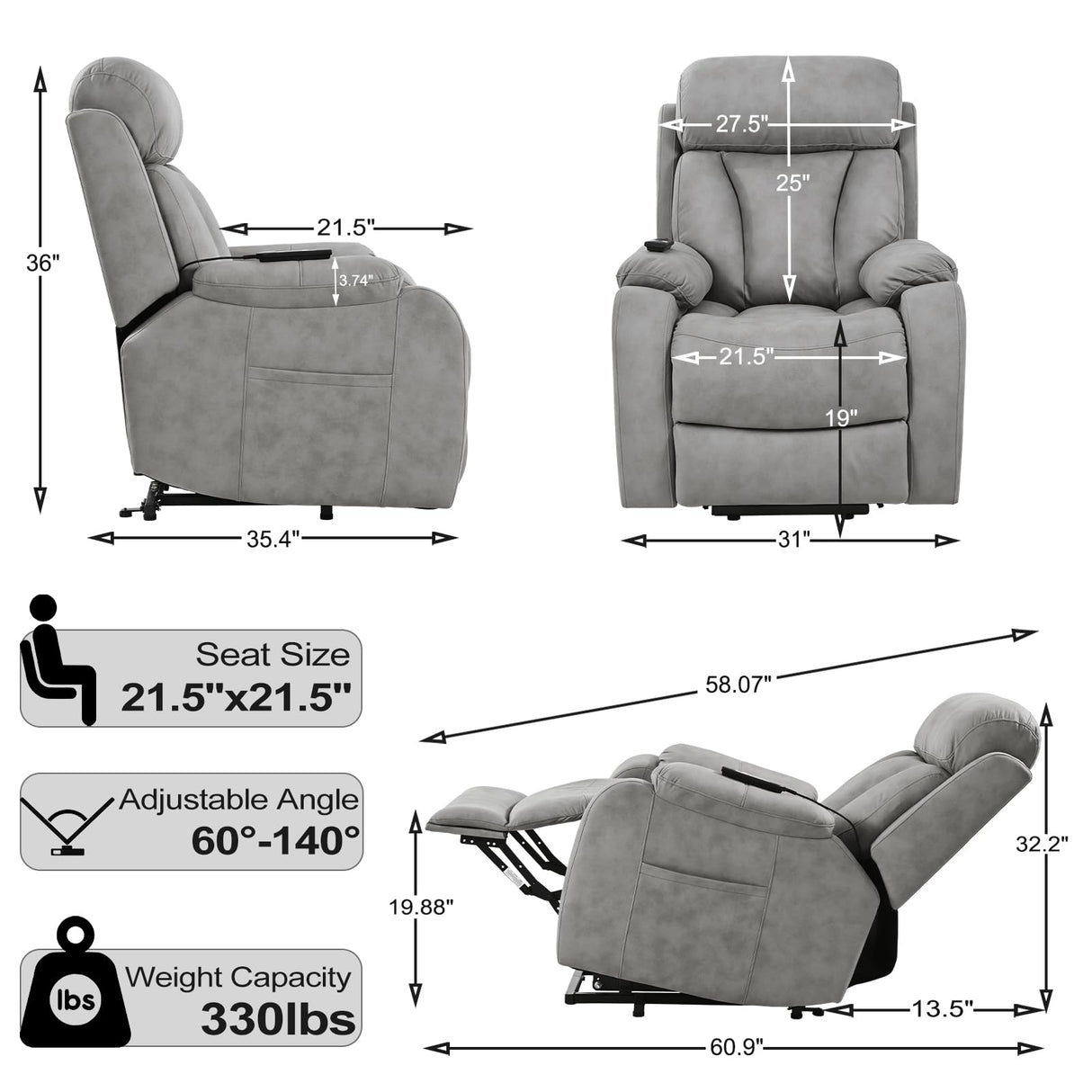 cinkehome Small Power Lift Recliner for Elderly, Lift Chair Recliners, Electric Recliner Chairs for Seniors, Remote Control, Adjustable, Side Pocket (Light Grey) cinkehome