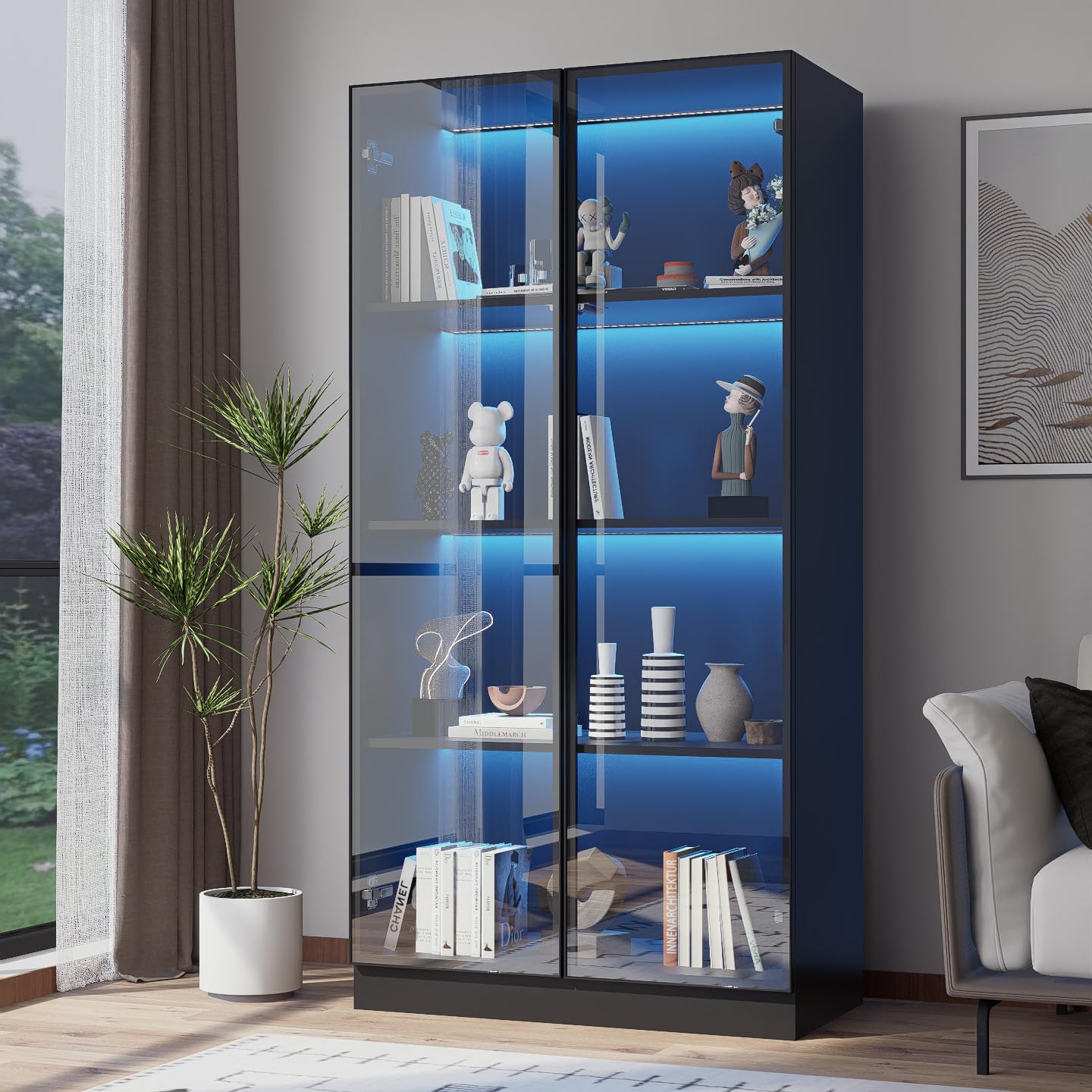 ZORPLIX Display Cabinet with LED Lights, Glass Display Case Cabinet with 4-Tier Shelves, Curio Cabinet with 2 Glass Doors, Storage Cabinet for Collectibles, Living Room - WoodArtSupply