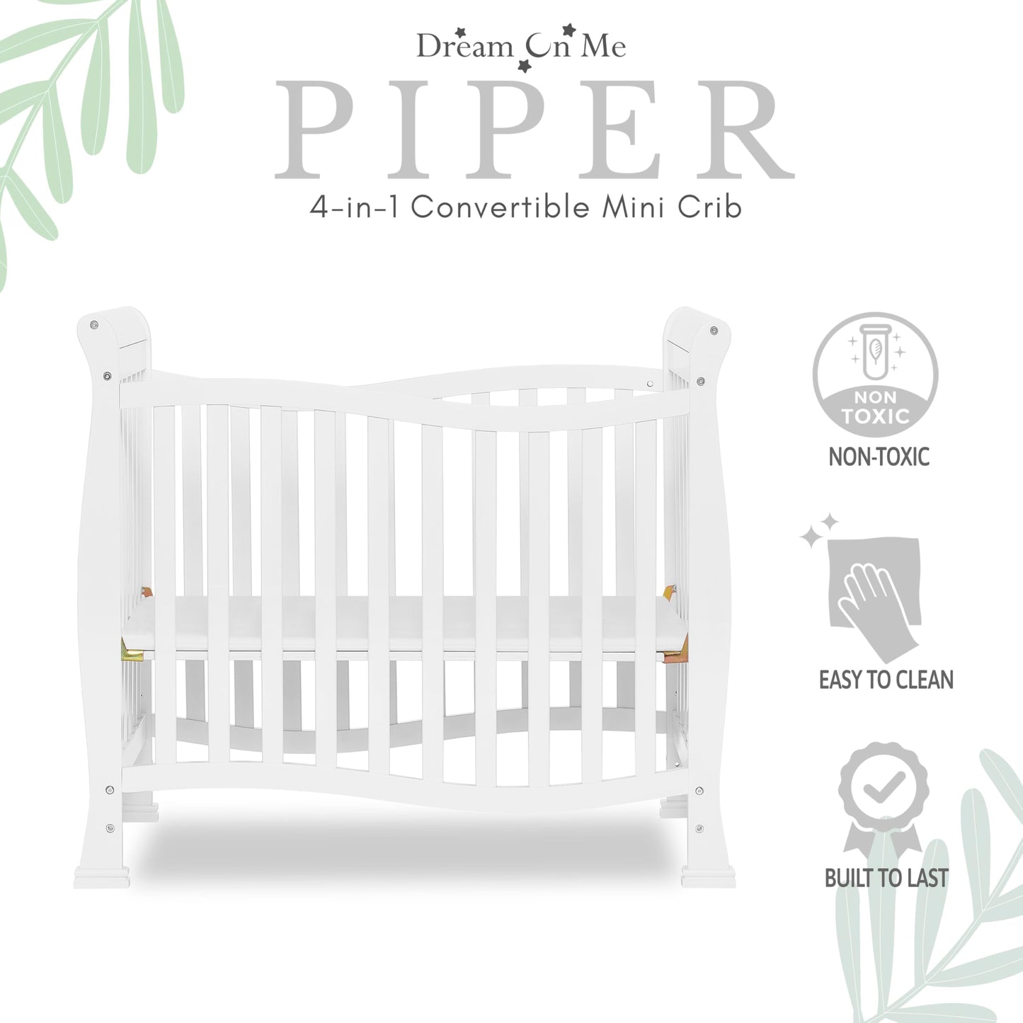 Dream On Me Violet 4-In-1 Convertible Mini Crib In White, Greenguard Gold Certified, JPMA Certified, 3 Position Mattress Height Settings, Non-Toxic Finish