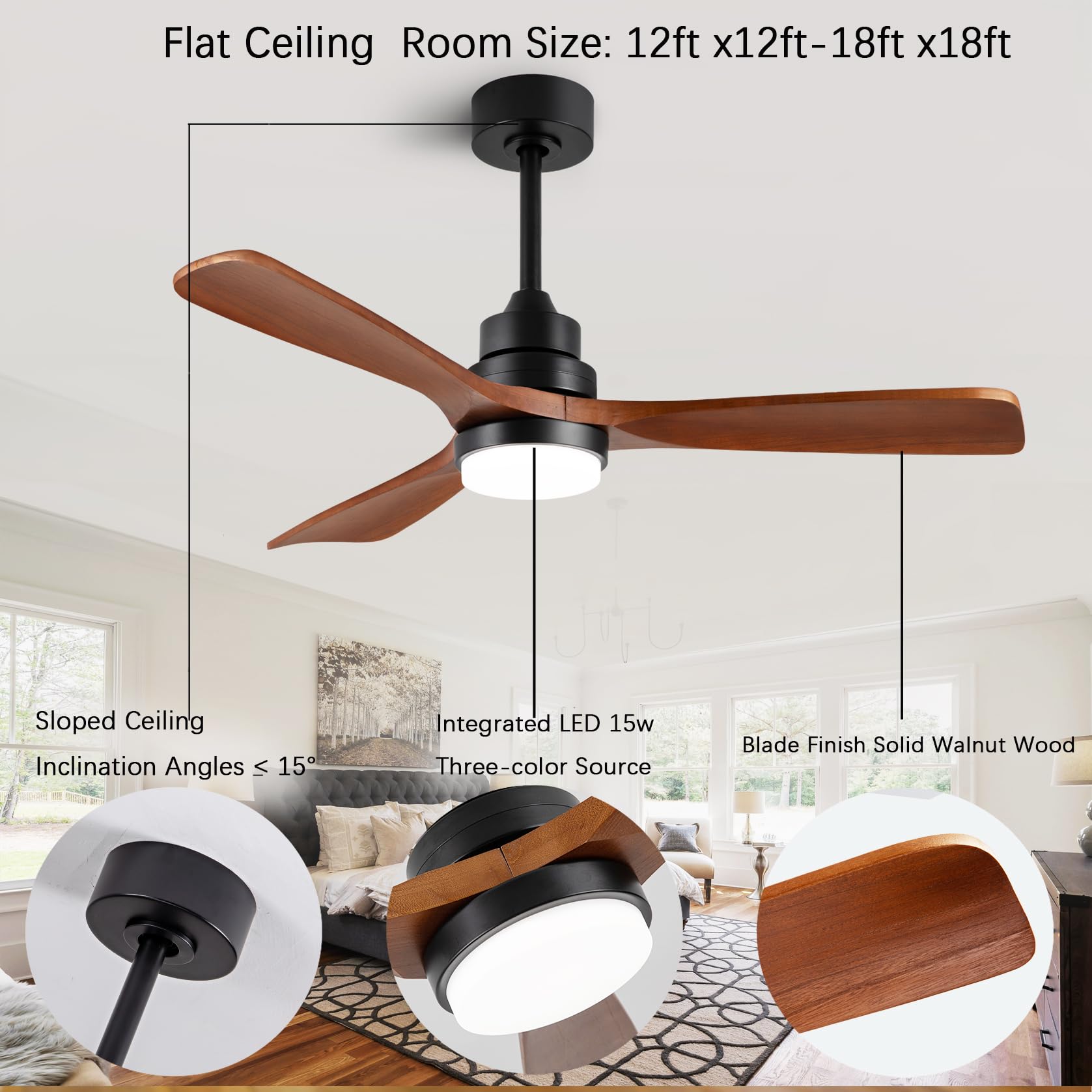 dearnow 48" Wooden Ceiling Fan with Lighted Remote Control, Indoor Outdoor Wooden Ceiling Fan, Outdoor Modern Ceiling Fan with 3 Fan Blades for Patio, Living Room, Farmhouse, etc (Black + Wal - WoodArtSupply