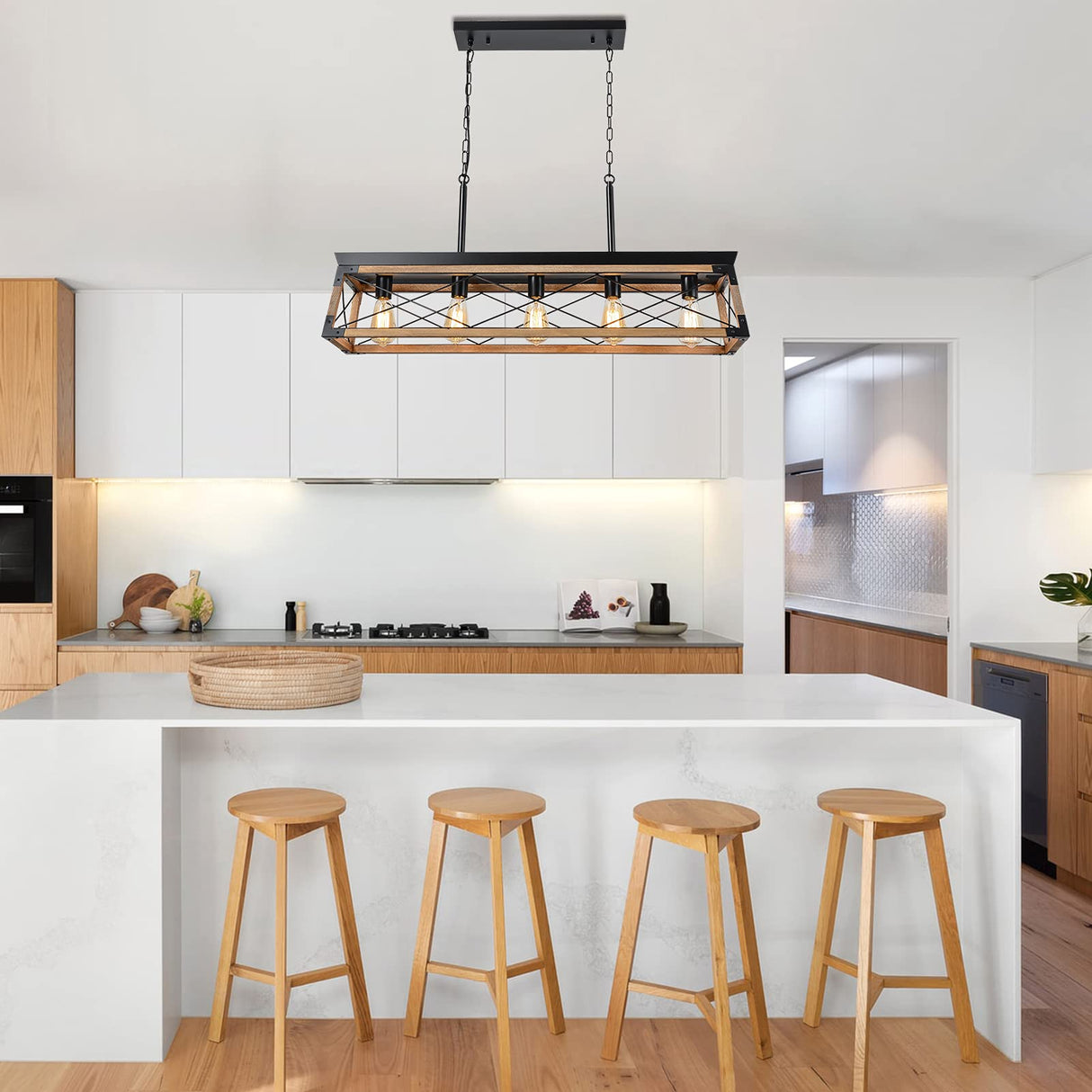 Airposta Farmhouse Rustic Wood Chandelier, 5 Lights Metal Rectangle Dining Room Swag Lighting, Kitchen Island Industrial Linear Cage Pendant Light Fixtures Hanging Lamp Airposta