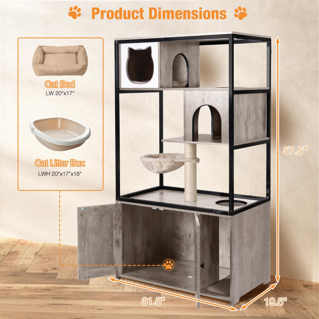 Cat Litter Box Enclosure,Hidden Litter Box Furniture with Metal Frame,Wooden Kitty House with Barn Door,Wooden Cat Washroom Furniture,Fit Most of Litter Box (Grey, M) Suumerpety