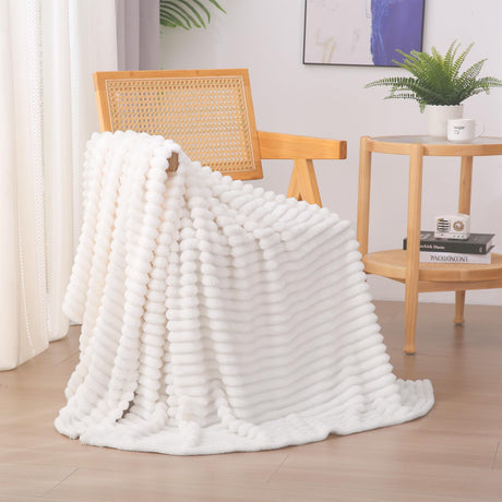 Linecooo Cream White Fleece Throw Blanket 50”×60” for Couch Sofa Bed,Super Soft Cozy Plush Microfiber Flannel Blanket with Stripes Design Lightweight for Adults,Woman,Girls Linecooo