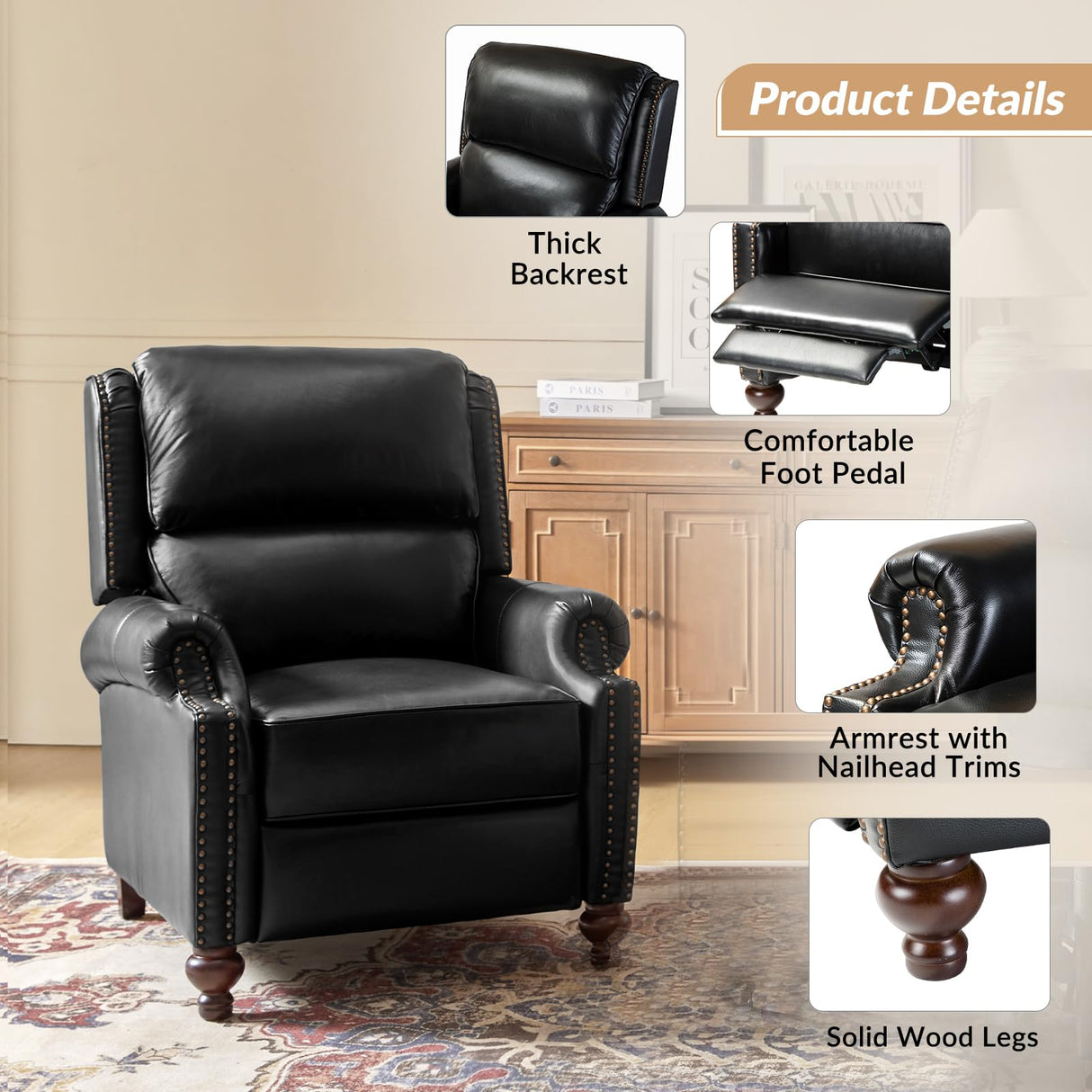HULALA HOME Genuine Leather Recliner Chair, Classic and Traditional Push Back Recliner Chair for Living Room, Adjustable Leather Cigar Reclining Vintage with Nail Head Trim,Black HULALA HOME